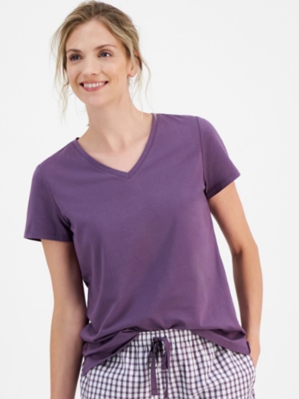 Charter Club Women's Solid V-Neck Short-Sleeve Sleepwear Top, Vintage Violet, L